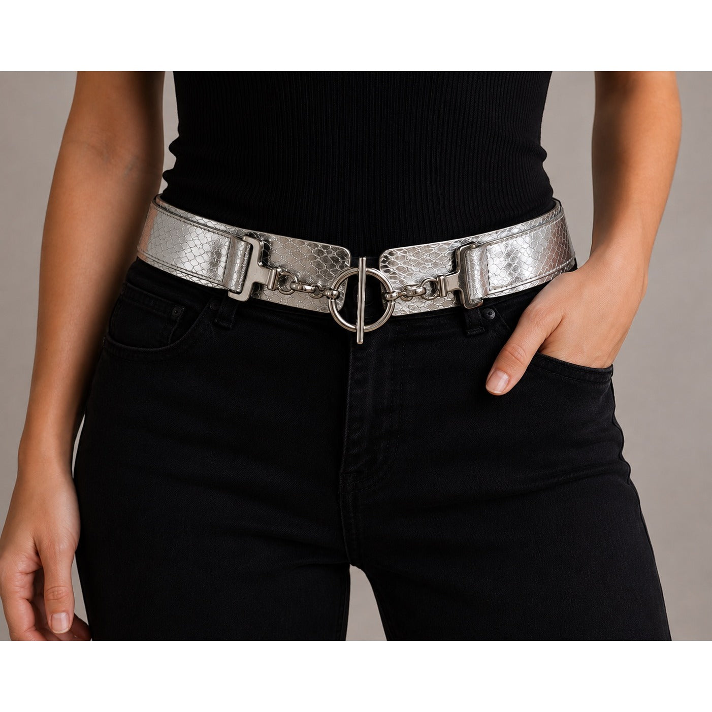Fabio Corti Made in Italy Metallic Silver Leather Statement Belt Size L 27 Y2K