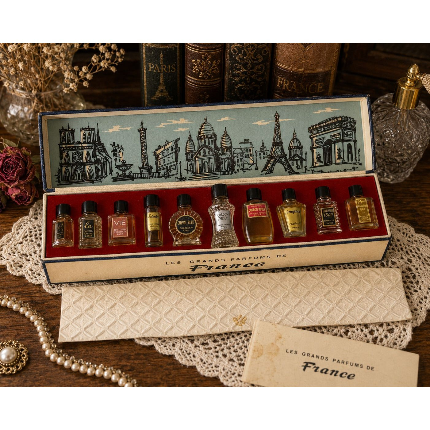 Vintage Les Grands Parfums De France Miniature Perfume Set 10 Bottles Paris Gift Box