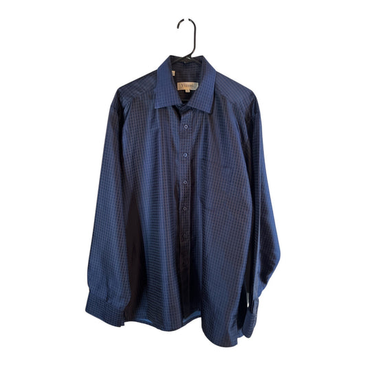 Vizoni Uomo Men’s XL Dress Shirt – 100% Silk – Navy Blue Check Pattern – Long Sleeve – Early 2000s