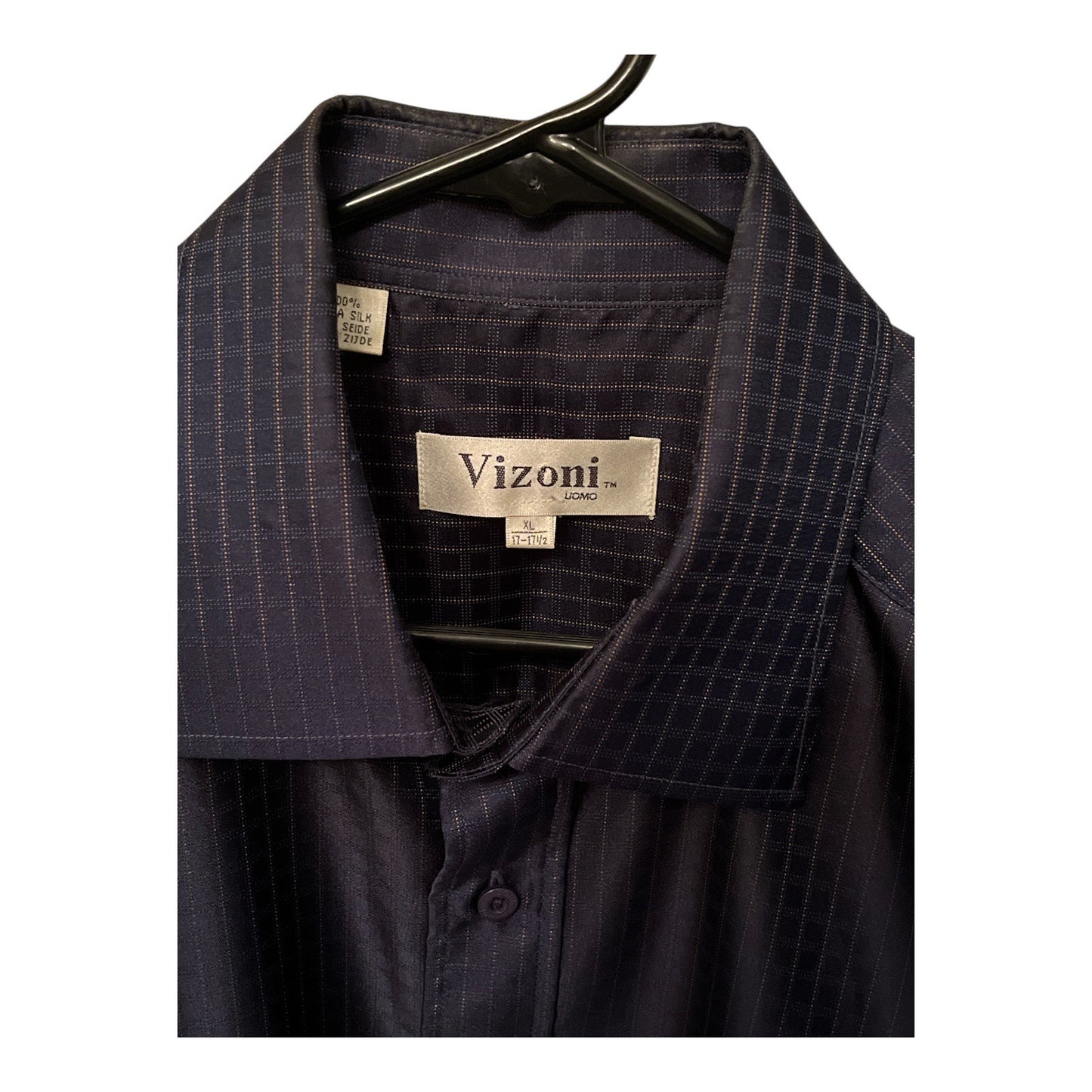 Vizoni Uomo Men’s XL Dress Shirt – 100% Silk – Navy Blue Check Pattern – Long Sleeve – Early 2000s