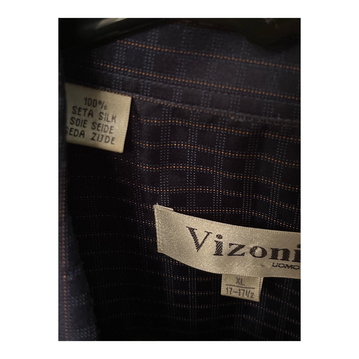 Vizoni Uomo Men’s XL Dress Shirt – 100% Silk – Navy Blue Check Pattern – Long Sleeve – Early 2000s