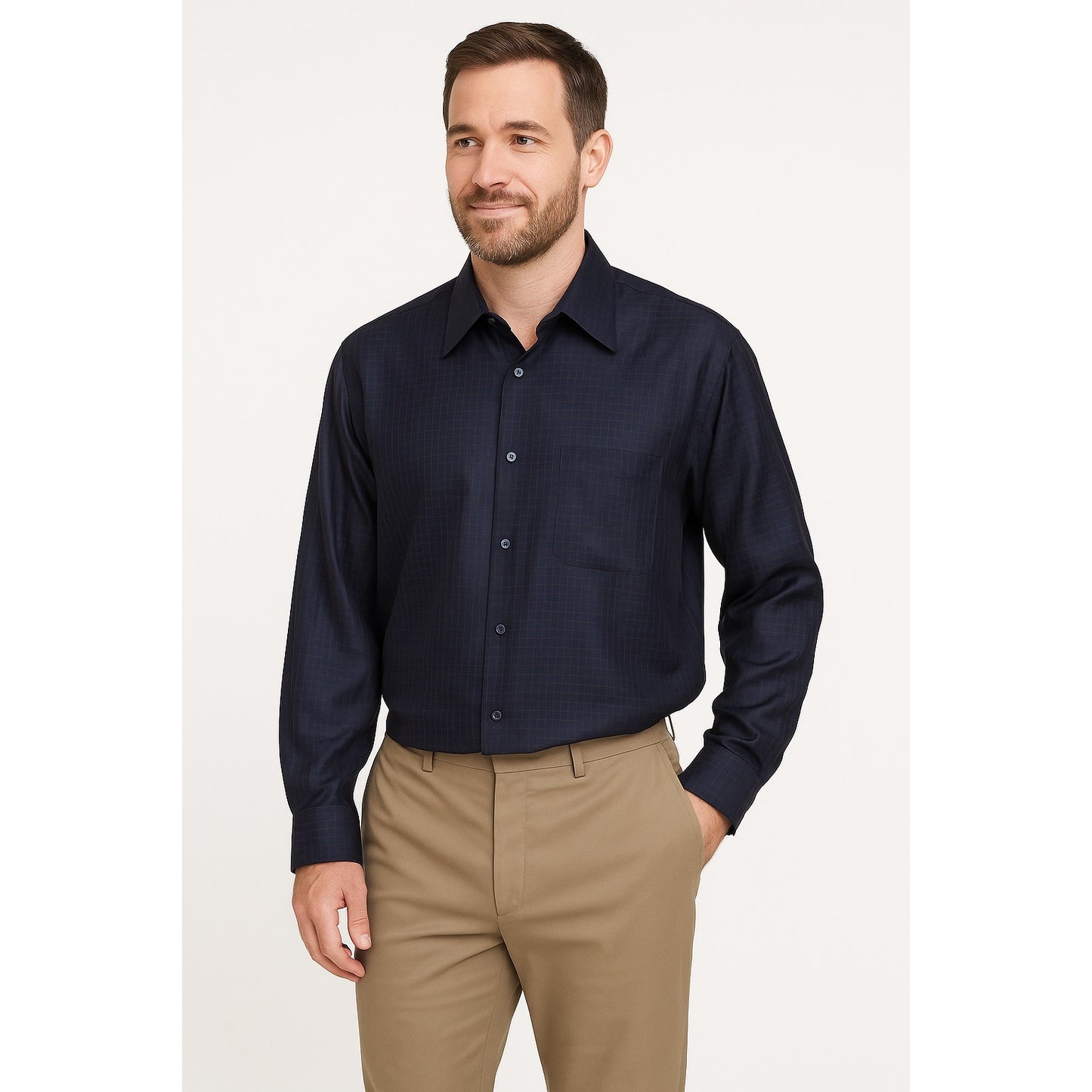 Vizoni Uomo Men’s XL Dress Shirt – 100% Silk – Navy Blue Check Pattern – Long Sleeve – Early 2000s