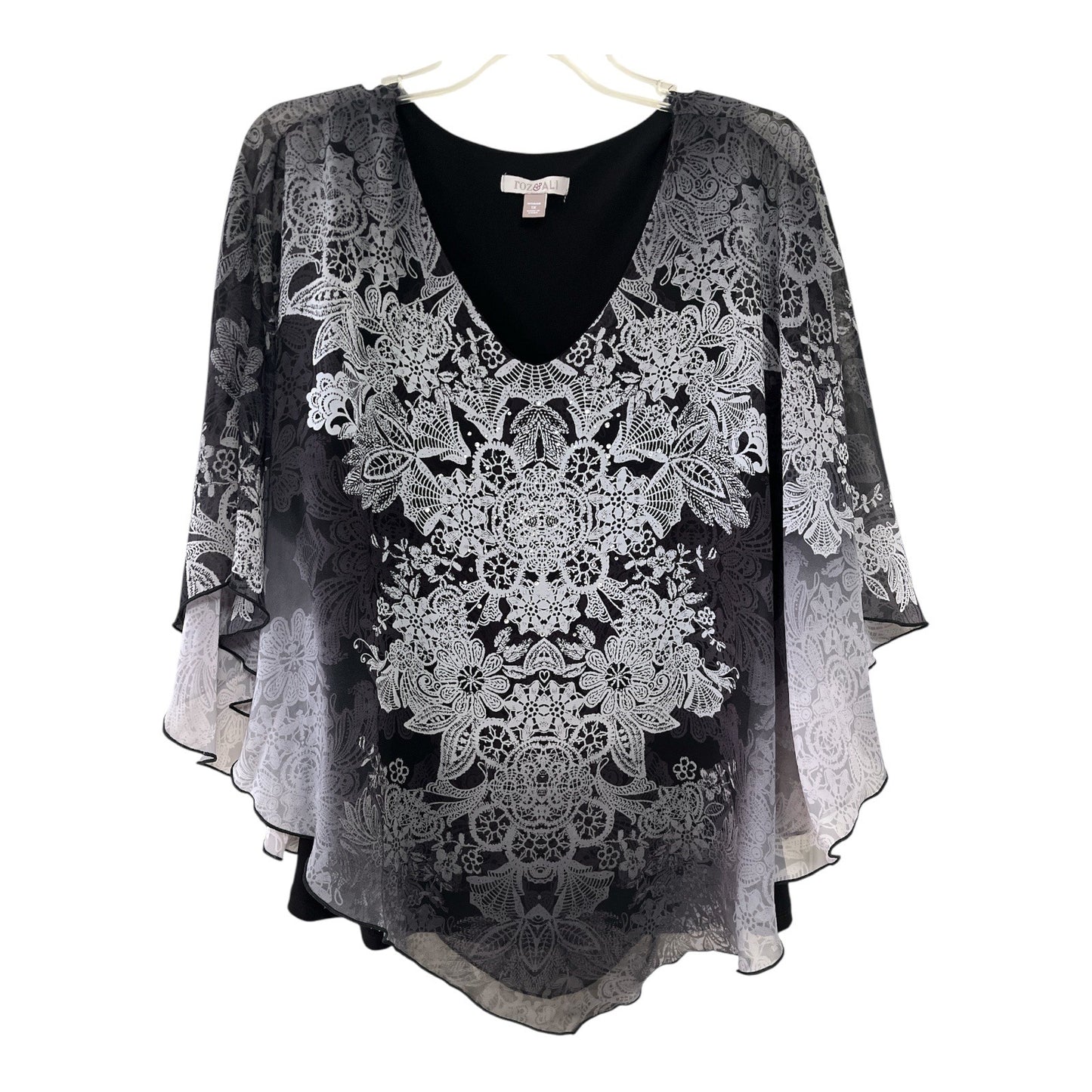 Roz & Ali Women’s 1X Black Floral Poncho Blouse, Sheer Overlay, V-Neck Lined Top
