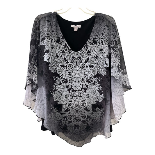 Roz & Ali Women’s 1X Black Floral Poncho Blouse, Sheer Overlay, V-Neck Lined Top