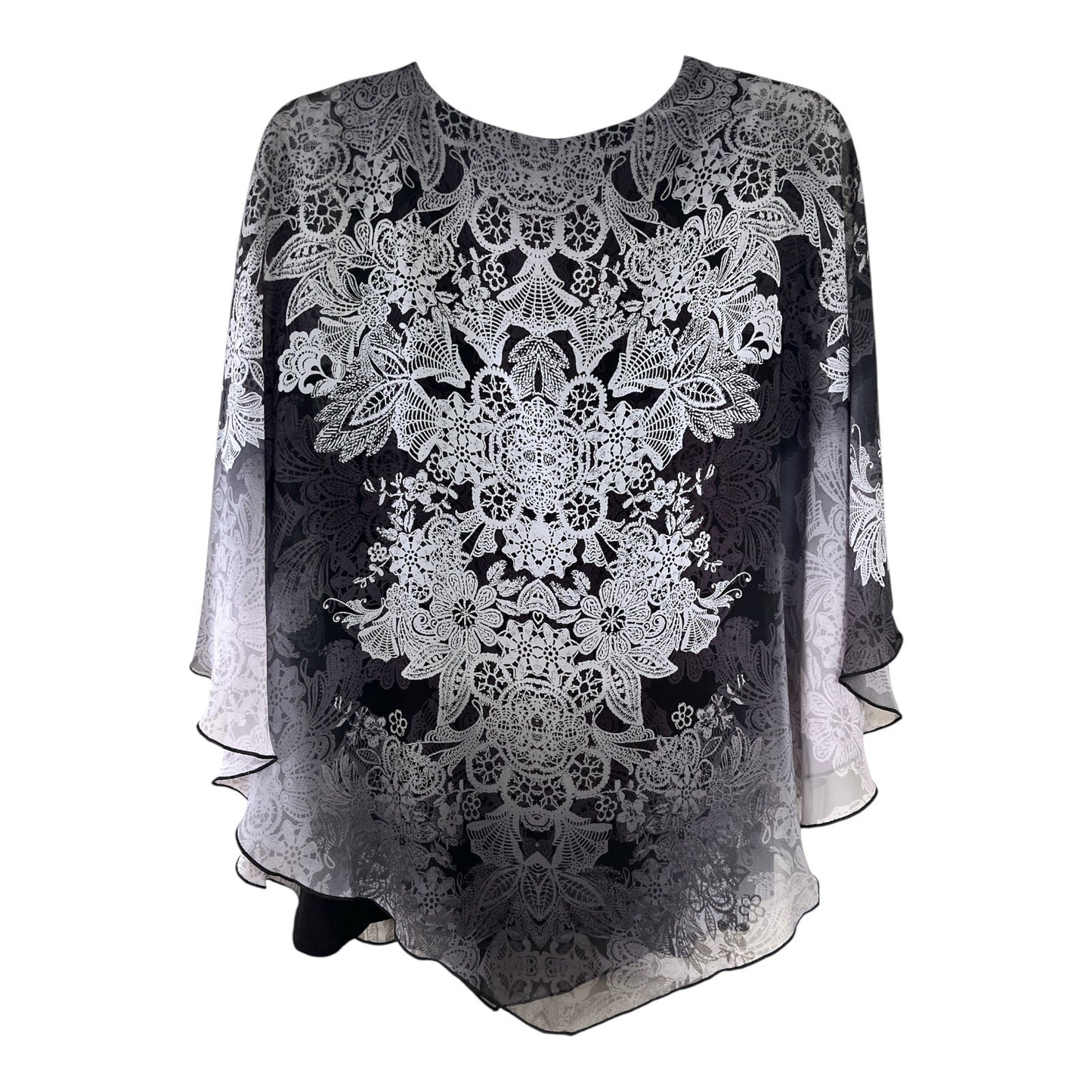 Roz & Ali Women’s 1X Black Floral Poncho Blouse, Sheer Overlay, V-Neck Lined Top