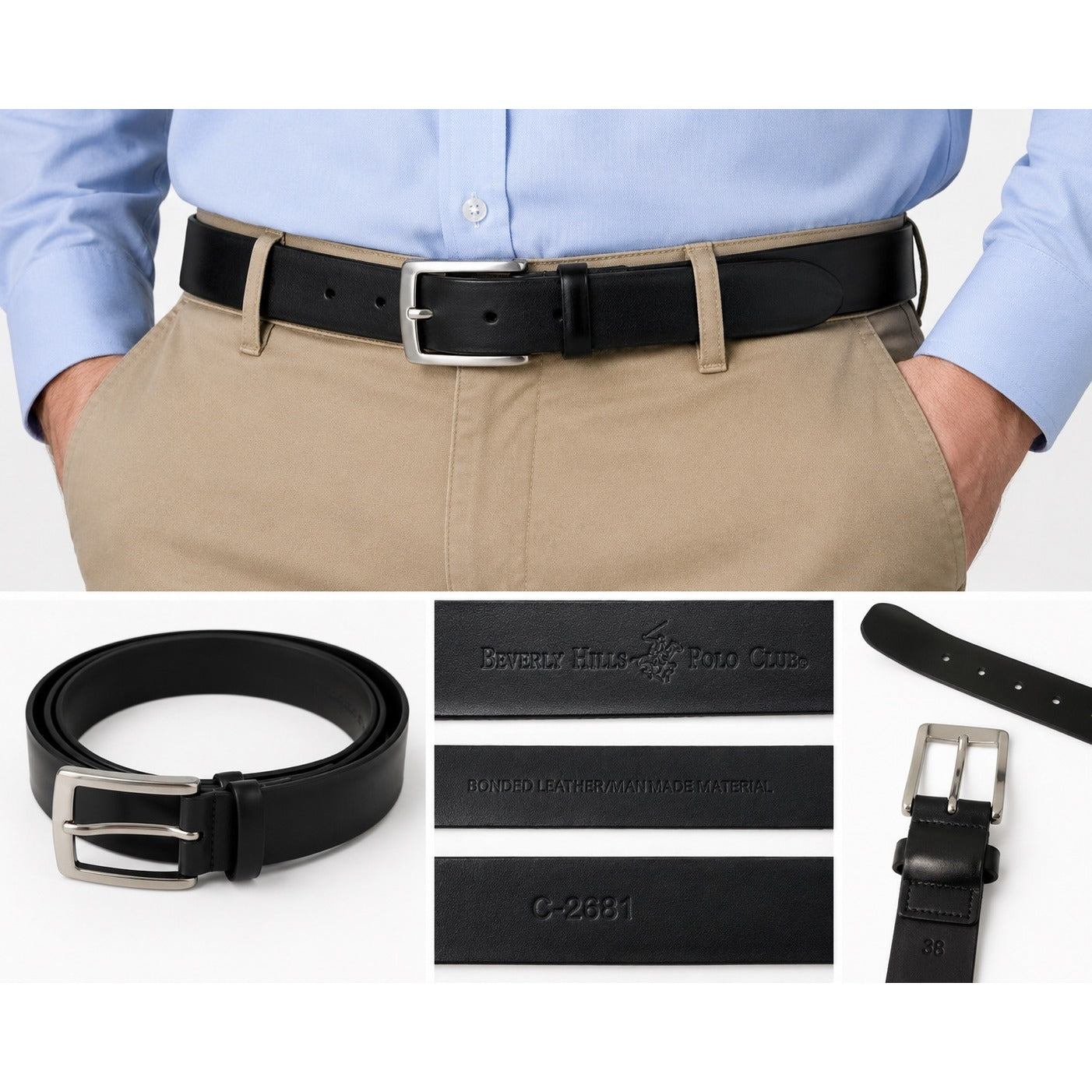 Beverly Hills Polo Club Black Bonded Leather Belt Size 38 Silver Buckle