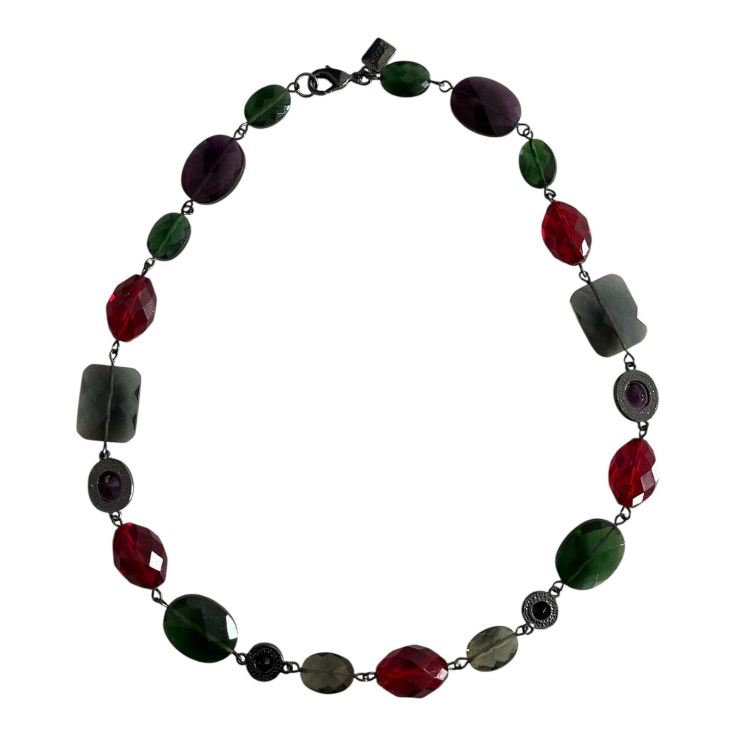 Chaps Faceted Glass Bead Necklace 16" Red Green Purple Gunmetal Tone