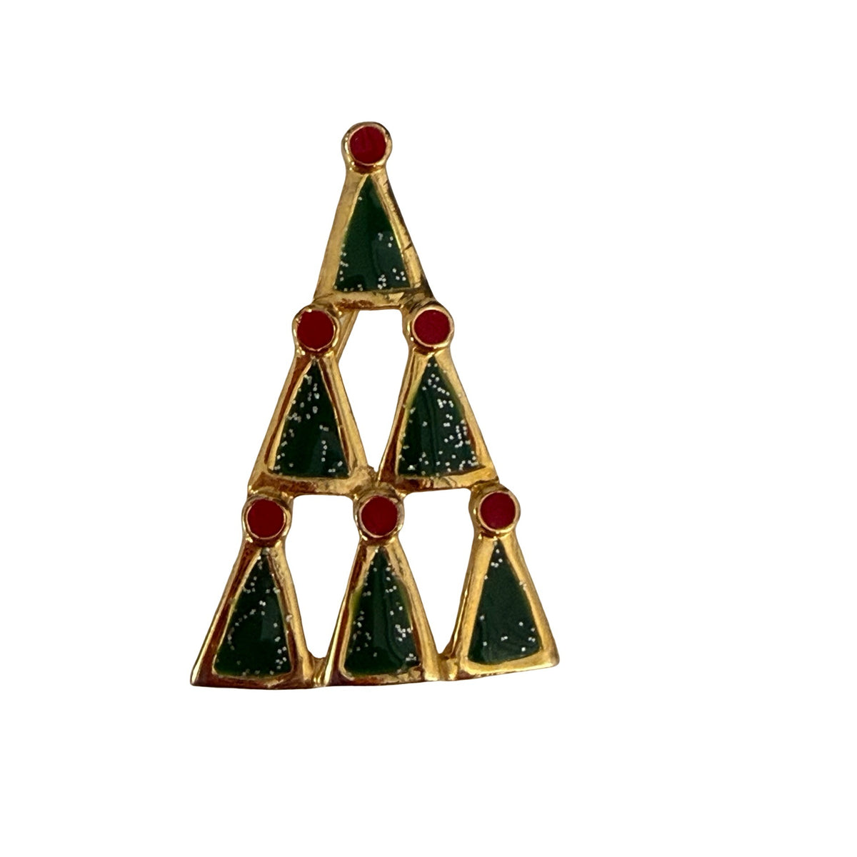 Vintage Christmas Tree Brooch Gold Tone Green Red Enamel Openwork Geometric 1.75"