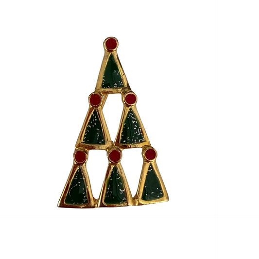 Vintage Christmas Tree Brooch Gold Tone Green Red Enamel Openwork Geometric 1.75"