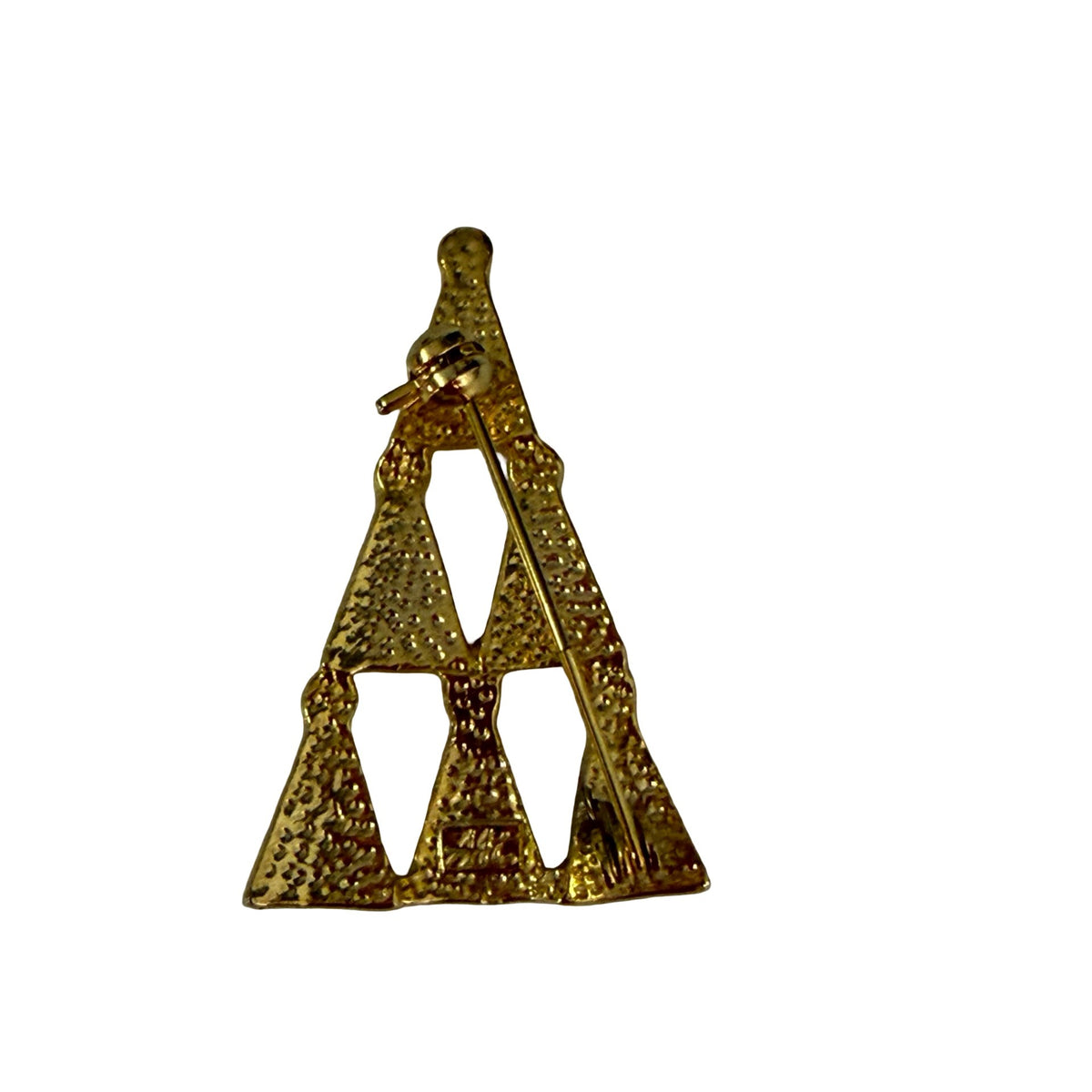 Vintage Christmas Tree Brooch Gold Tone Green Red Enamel Openwork Geometric 1.75"