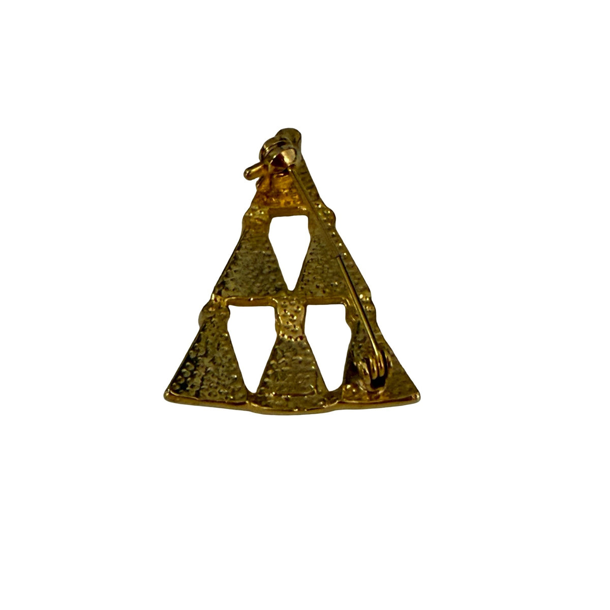 Vintage Christmas Tree Brooch Gold Tone Green Red Enamel Openwork Geometric 1.75"