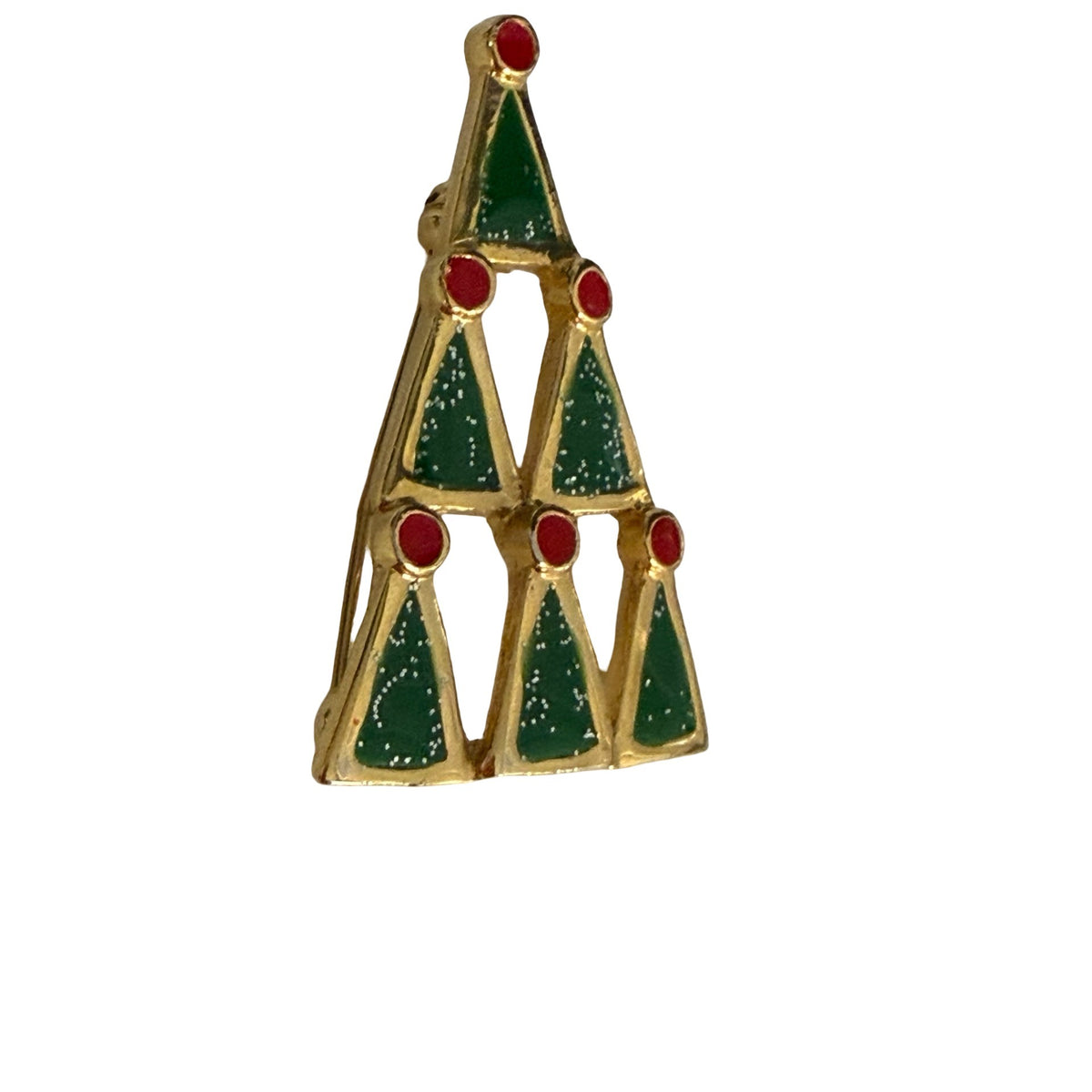 Vintage Christmas Tree Brooch Gold Tone Green Red Enamel Openwork Geometric 1.75"