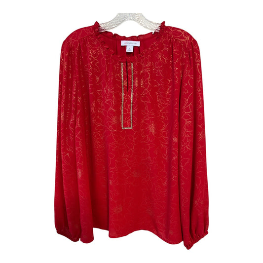 Liz Claiborne Red Blouse – Gold Floral Print, Rhinestone Trim – Size XL – Holiday Top – 2010s