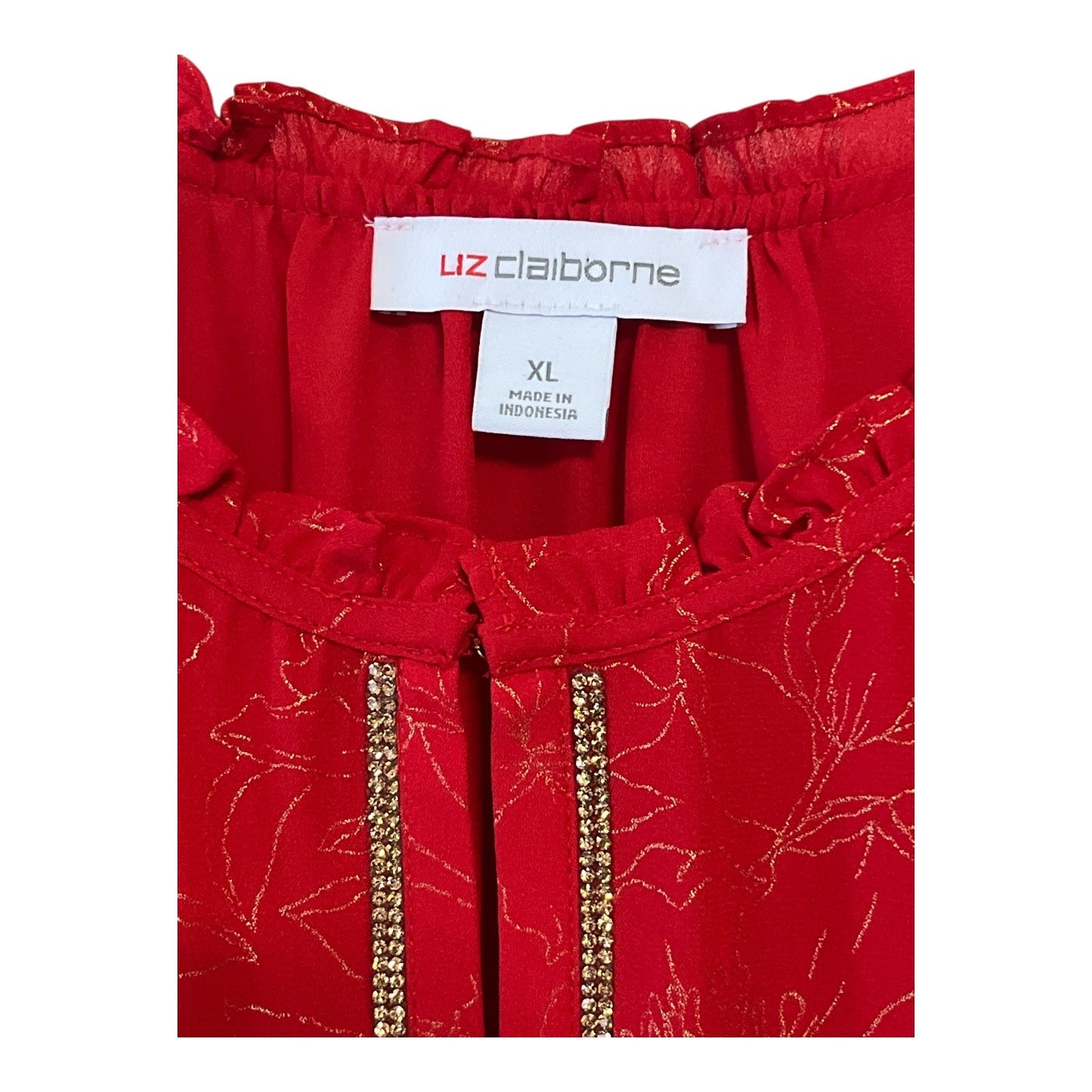 Liz Claiborne Red Blouse – Gold Floral Print, Rhinestone Trim – Size XL – Holiday Top – 2010s