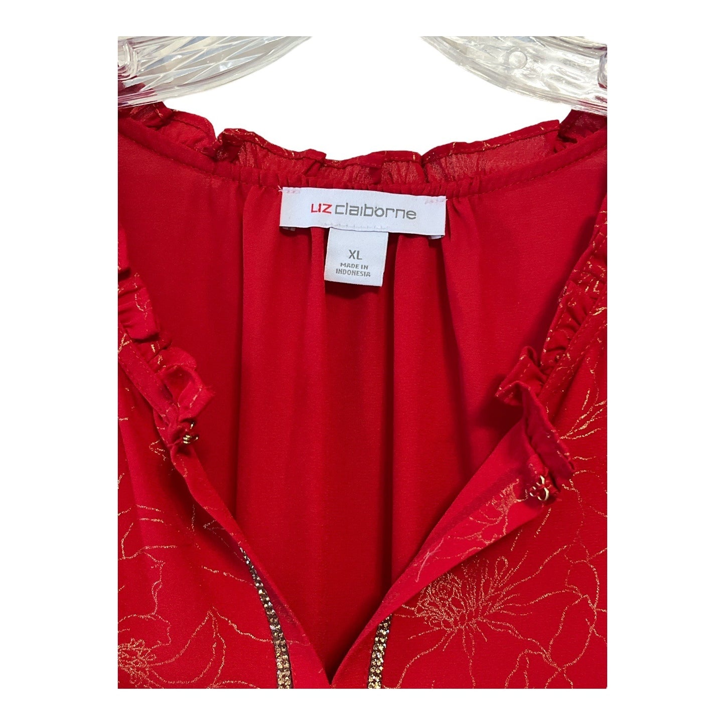 Liz Claiborne Red Blouse – Gold Floral Print, Rhinestone Trim – Size XL – Holiday Top – 2010s