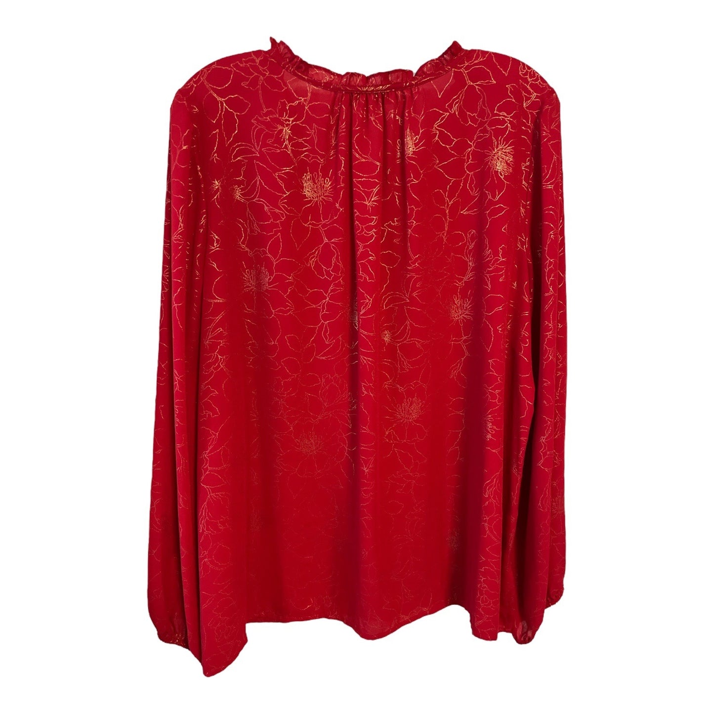 Liz Claiborne Red Blouse – Gold Floral Print, Rhinestone Trim – Size XL – Holiday Top – 2010s