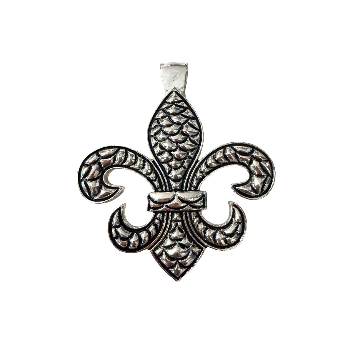 Vintage Silver Tone Fleur de Lis Pendant Ornate Textured Gothic Jewelry