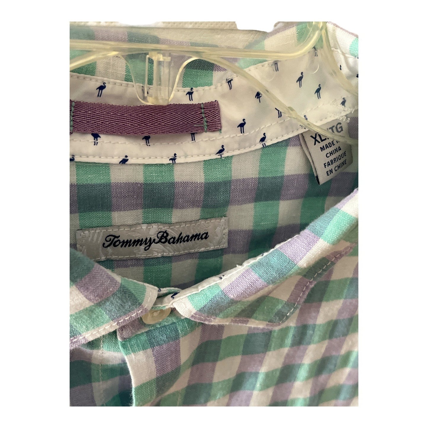 Tommy Bahama Linen Blend Short Sleeve Button Shirt XL Green Purple Check