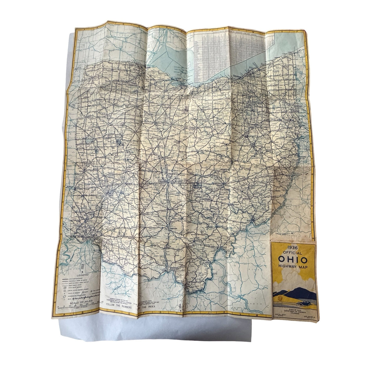 1936 Official Ohio Highway Map Art Deco Automobile Road Map Highway Signs