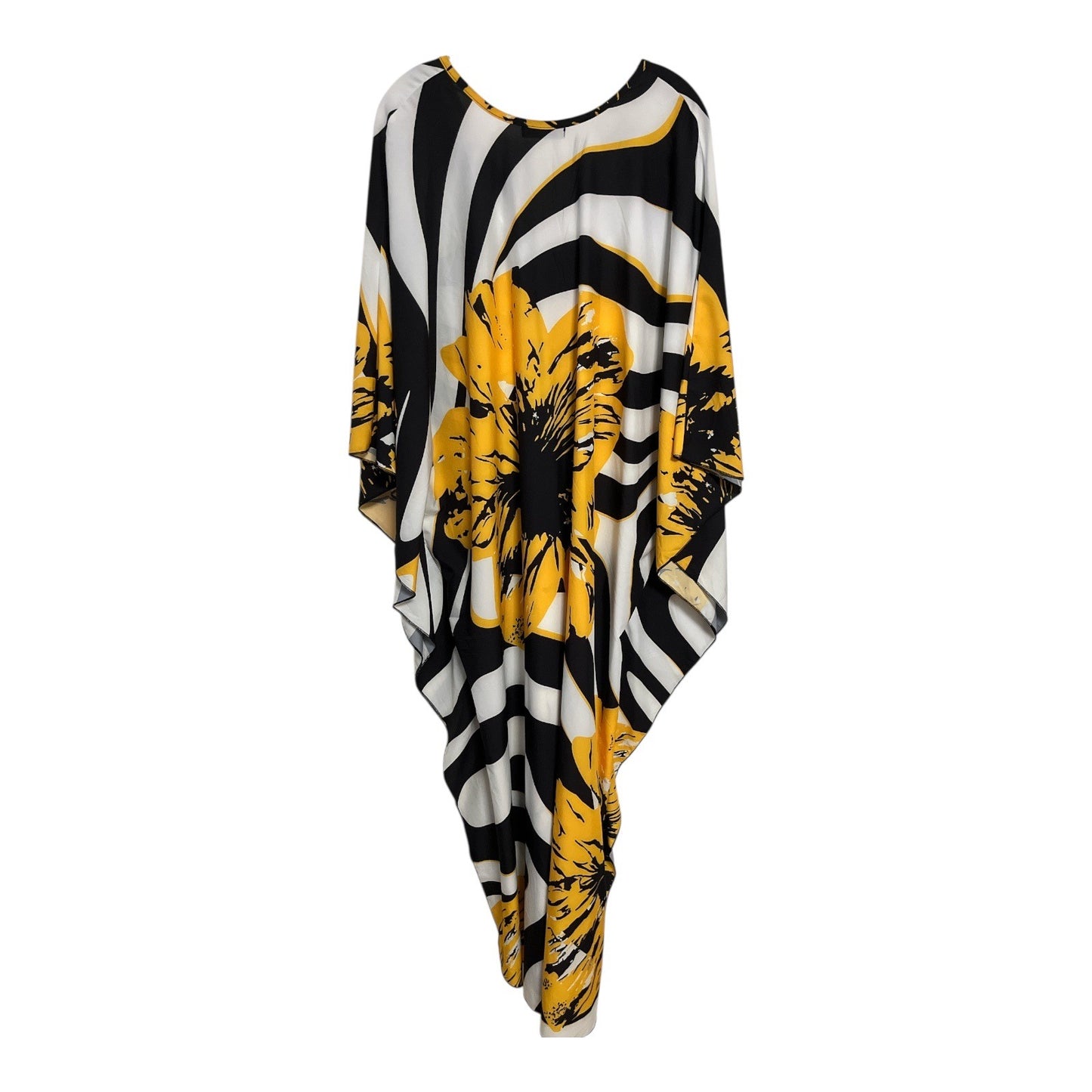 BSUBSEACH Black White Yellow Floral Kaftan Cover Up Batwing Maxi 58x54