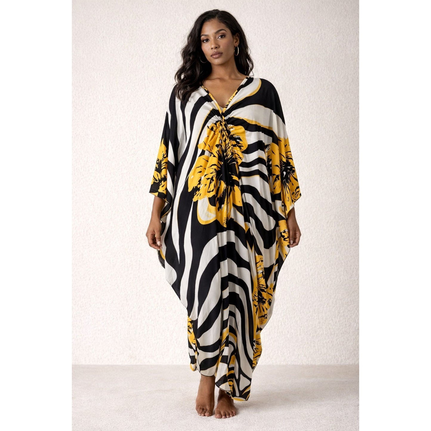 BSUBSEACH Black White Yellow Floral Kaftan Cover Up Batwing Maxi 58x54