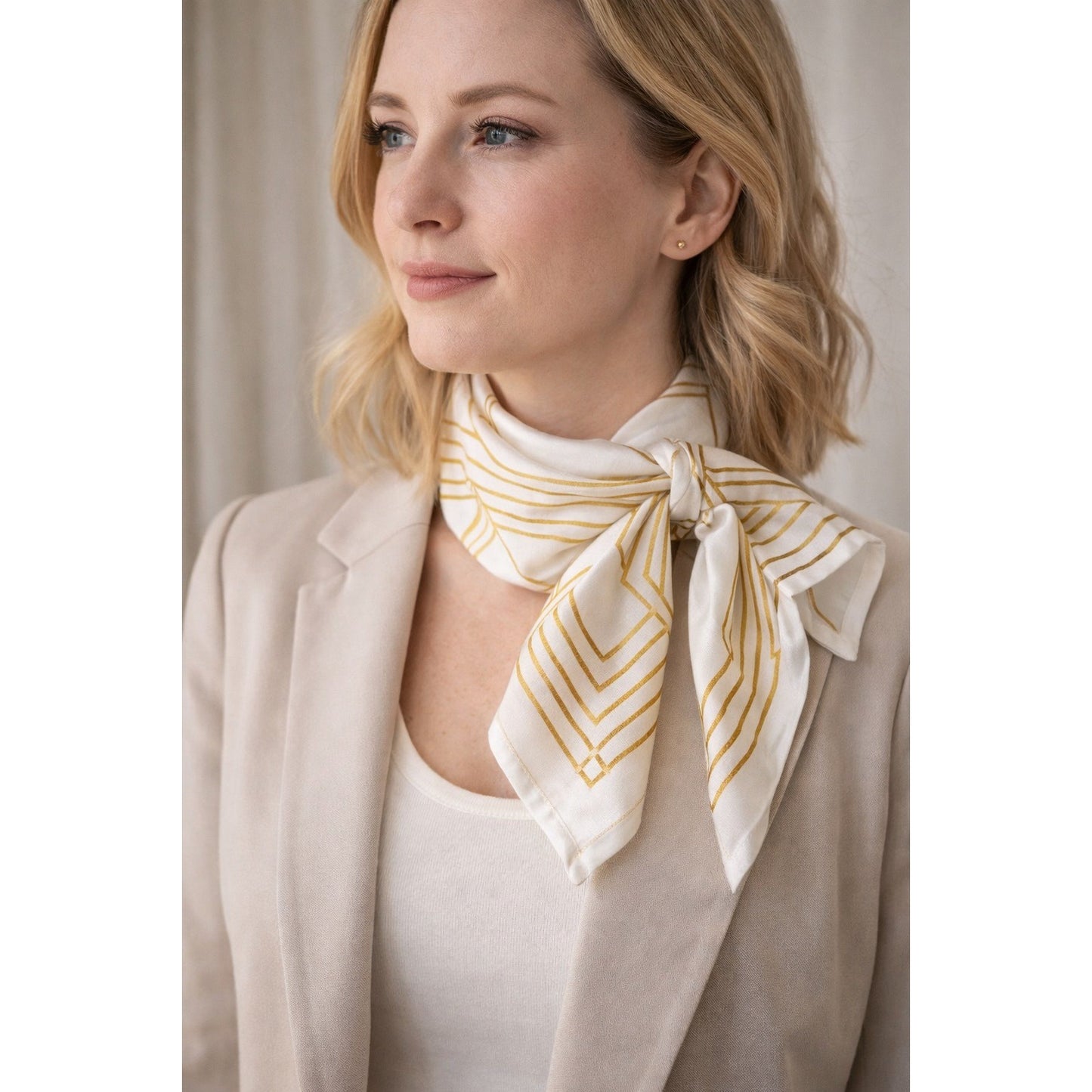 Oscar De La Renta Silk Scarf White Gold Geometric 30 Inch