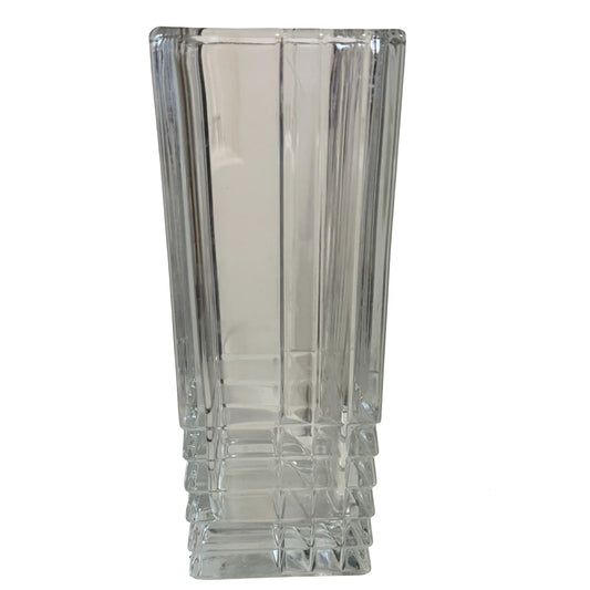 Vintage Italian Clear Glass Geometric Ribbed Vase 9 Inch Mid Century Modern