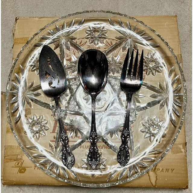 Original Rogers Silverplate Hostess Buffet Set 13.5" Pressed Glass Platter Serving Utensils