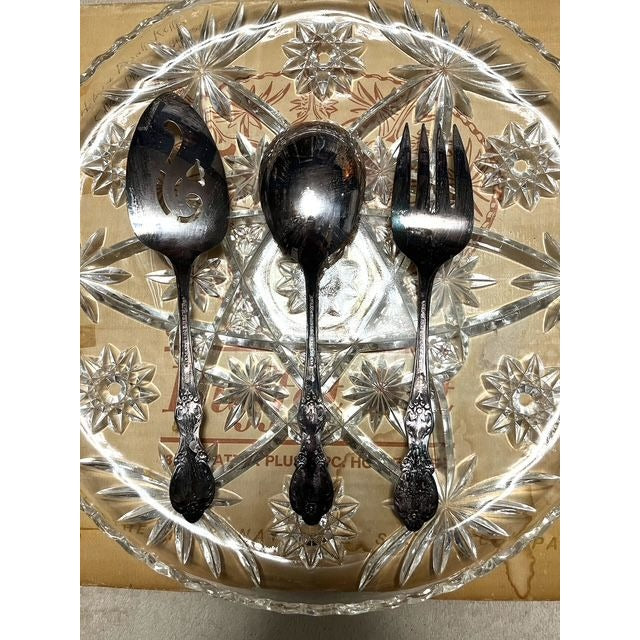 Original Rogers Silverplate Hostess Buffet Set 13.5" Pressed Glass Platter Serving Utensils