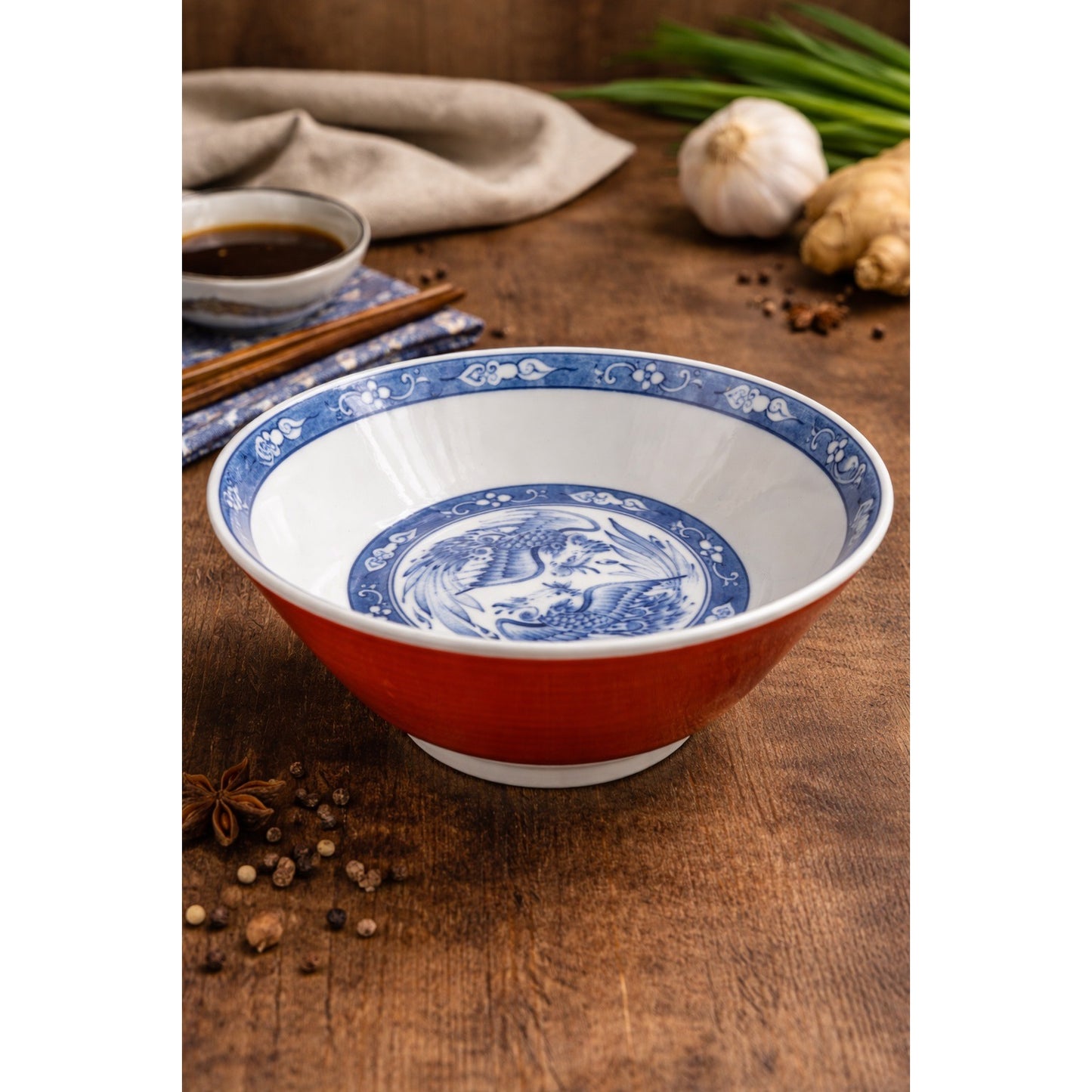 Vintage Chinese Porcelain Bowl Red Exterior Blue White Phoenix Motif 7.5 Inch