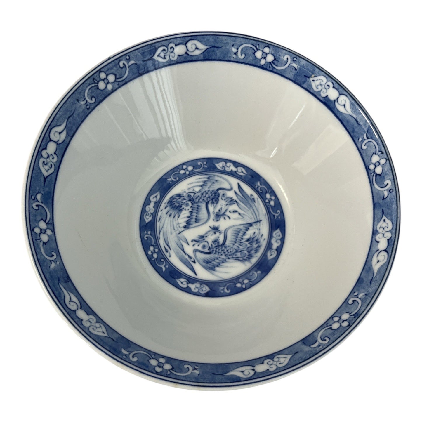 Vintage Chinese Porcelain Bowl Red Exterior Blue White Phoenix Motif 7.5 Inch