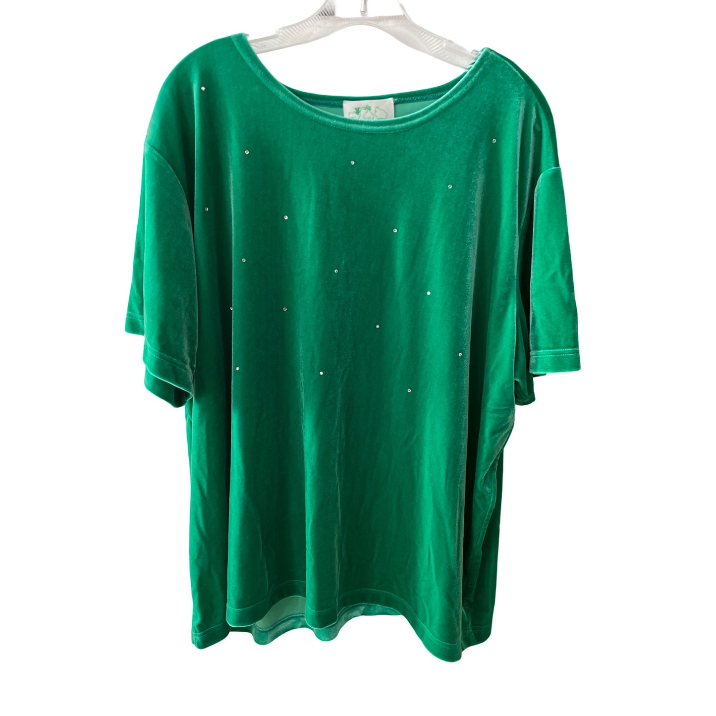 Quacker Factory Emerald Green Velour Top 2X Rhinestone Accent Short Sleeve Stretch