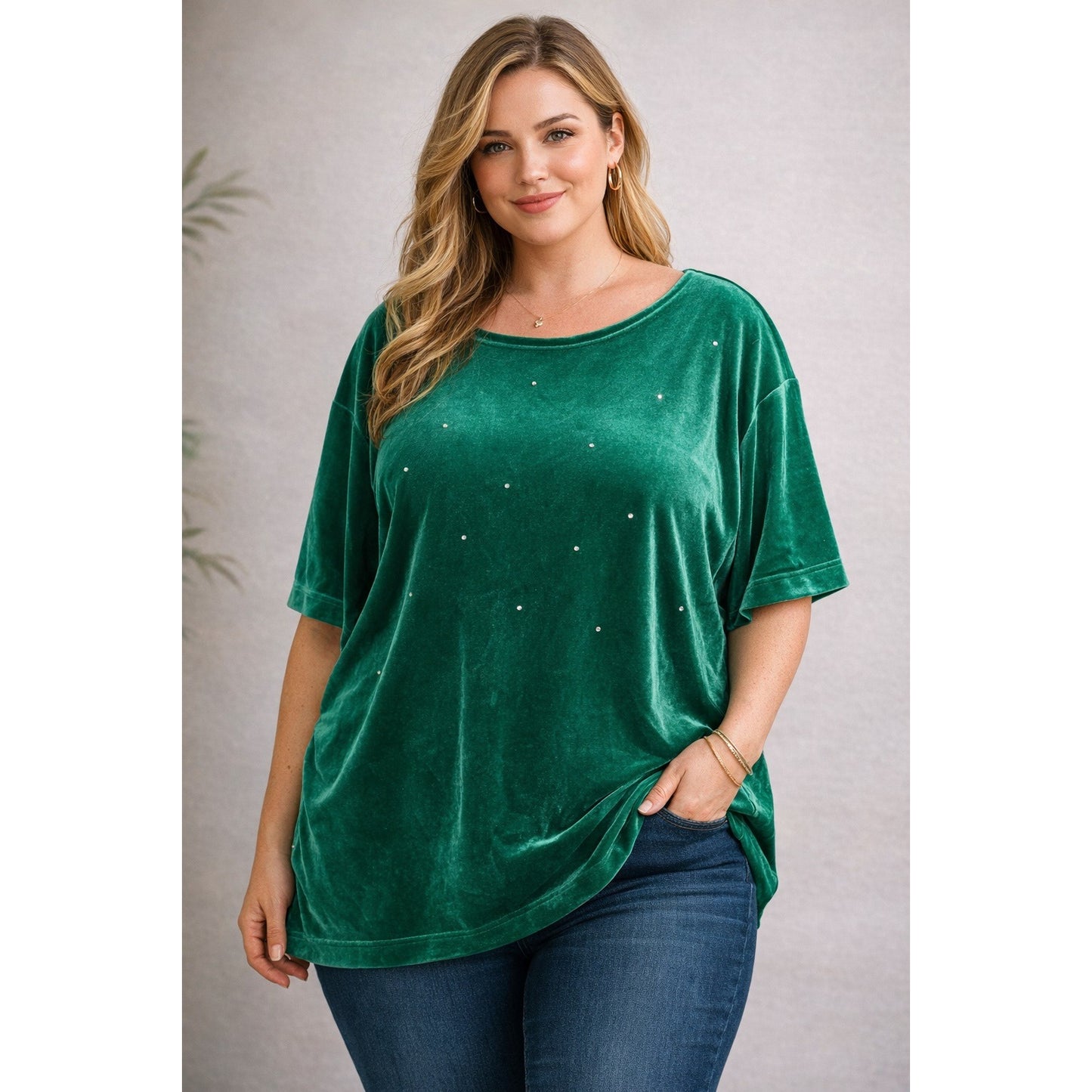Quacker Factory Emerald Green Velour Top 2X Rhinestone Accent Short Sleeve Stretch