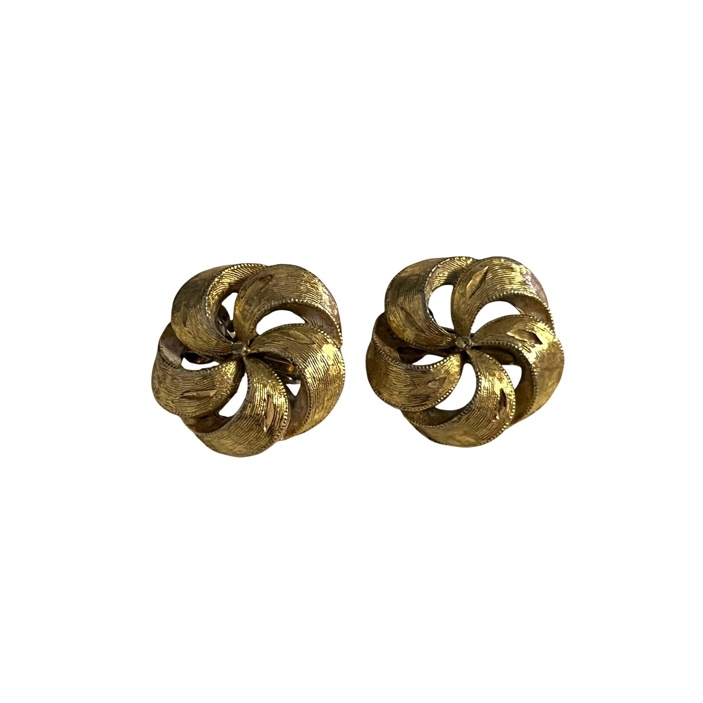 Vintage Gold Tone Swirl Knot Clip On Earrings Textured Rope Design