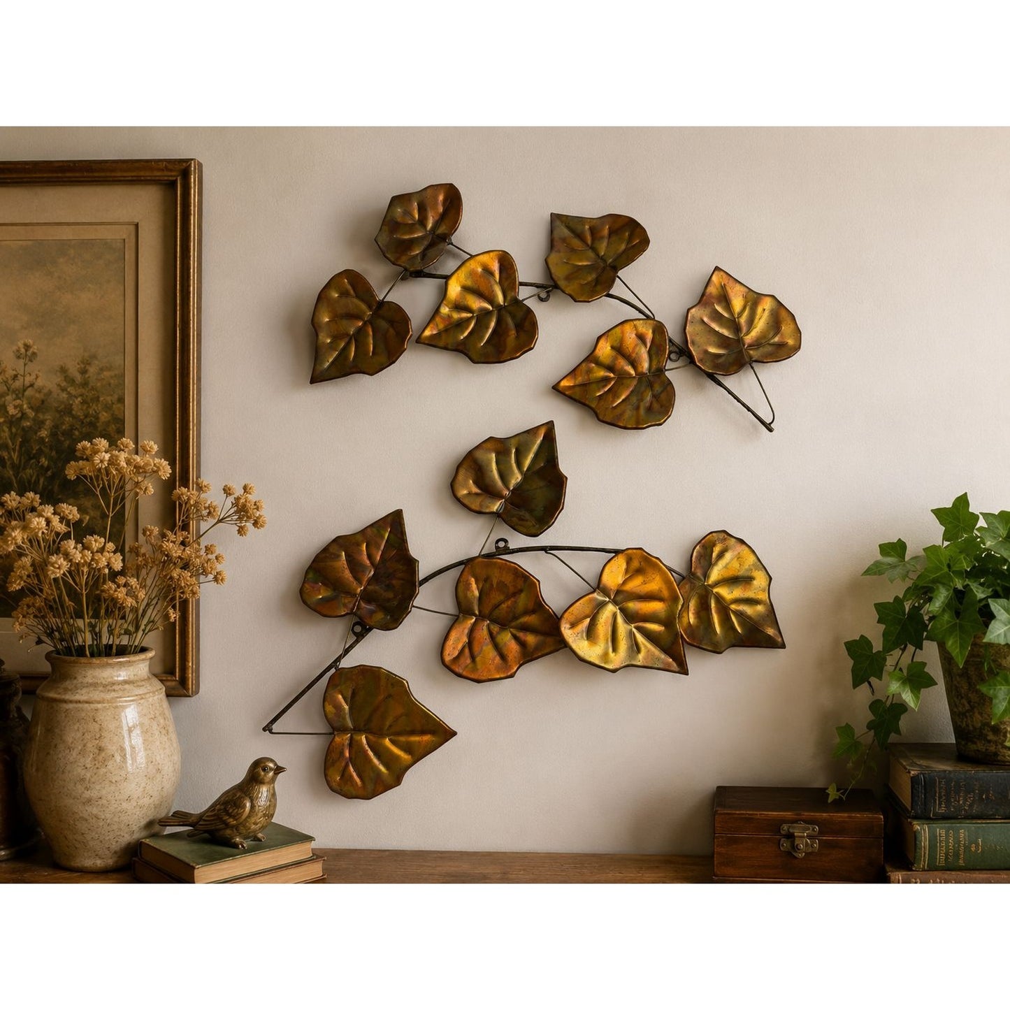 Vintage Copper Tone Metal Ivy Leaf Wall Art Set Mid Century Hollywood Regency