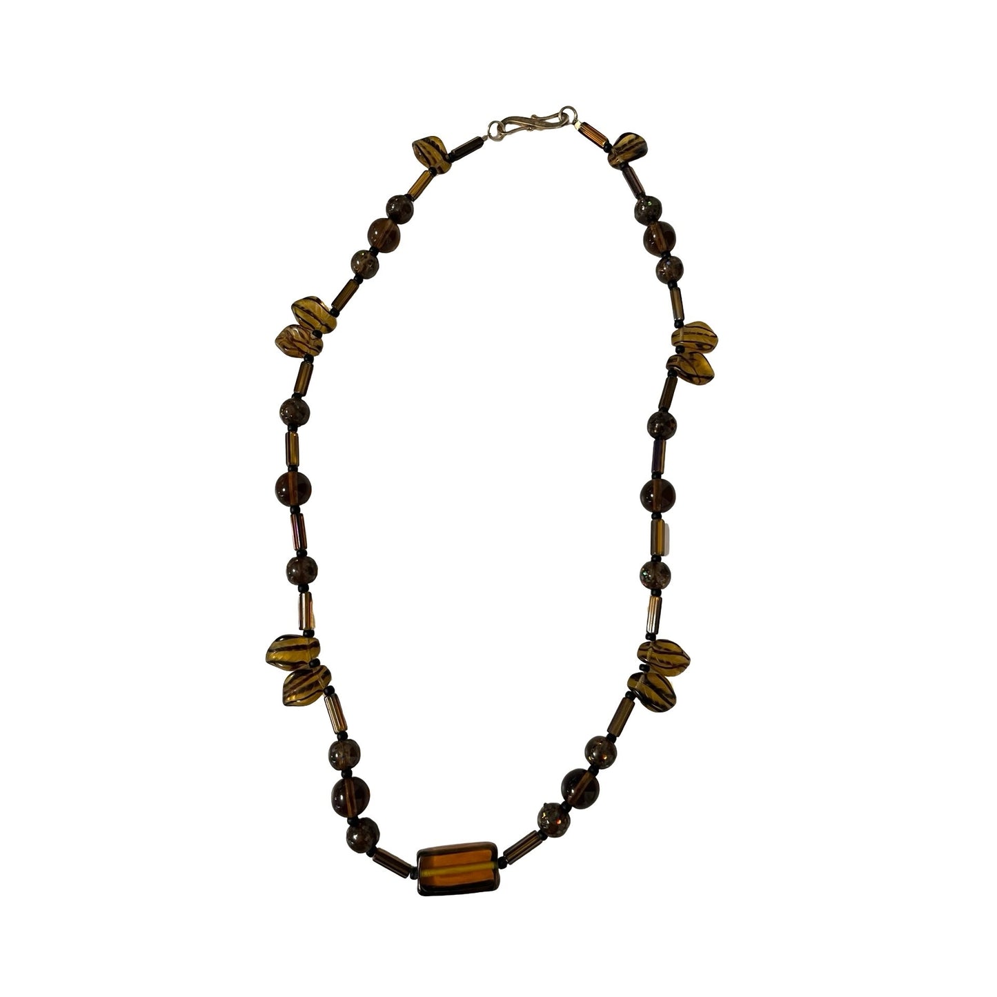 Vintage Amber Glass Beaded Necklace Brown Gold Tone 18 Inch Earth Tone Retro