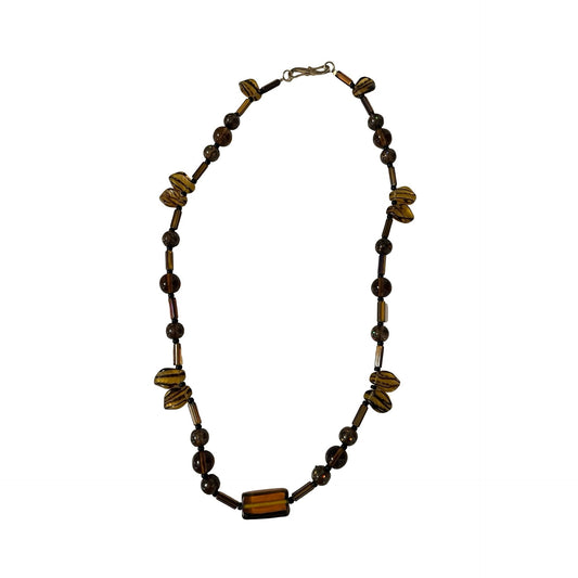 Vintage Amber Glass Beaded Necklace Brown Gold Tone 18 Inch Earth Tone Retro
