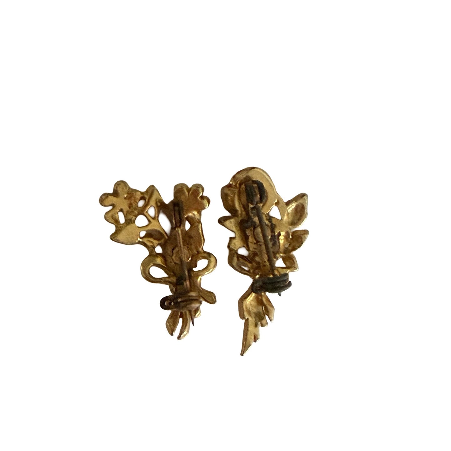 Vintage Enamel Floral Brooch Pin Pair Blue Forget Me Not Red Rose Gold Tone