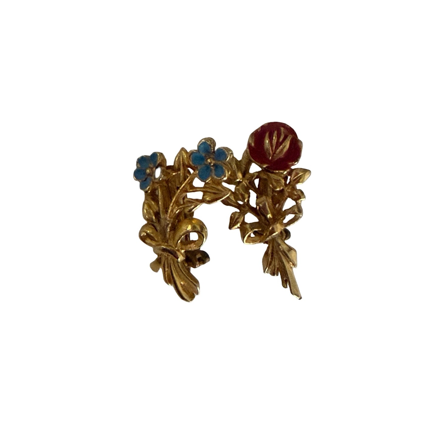 Vintage Enamel Floral Brooch Pin Pair Blue Forget Me Not Red Rose Gold Tone