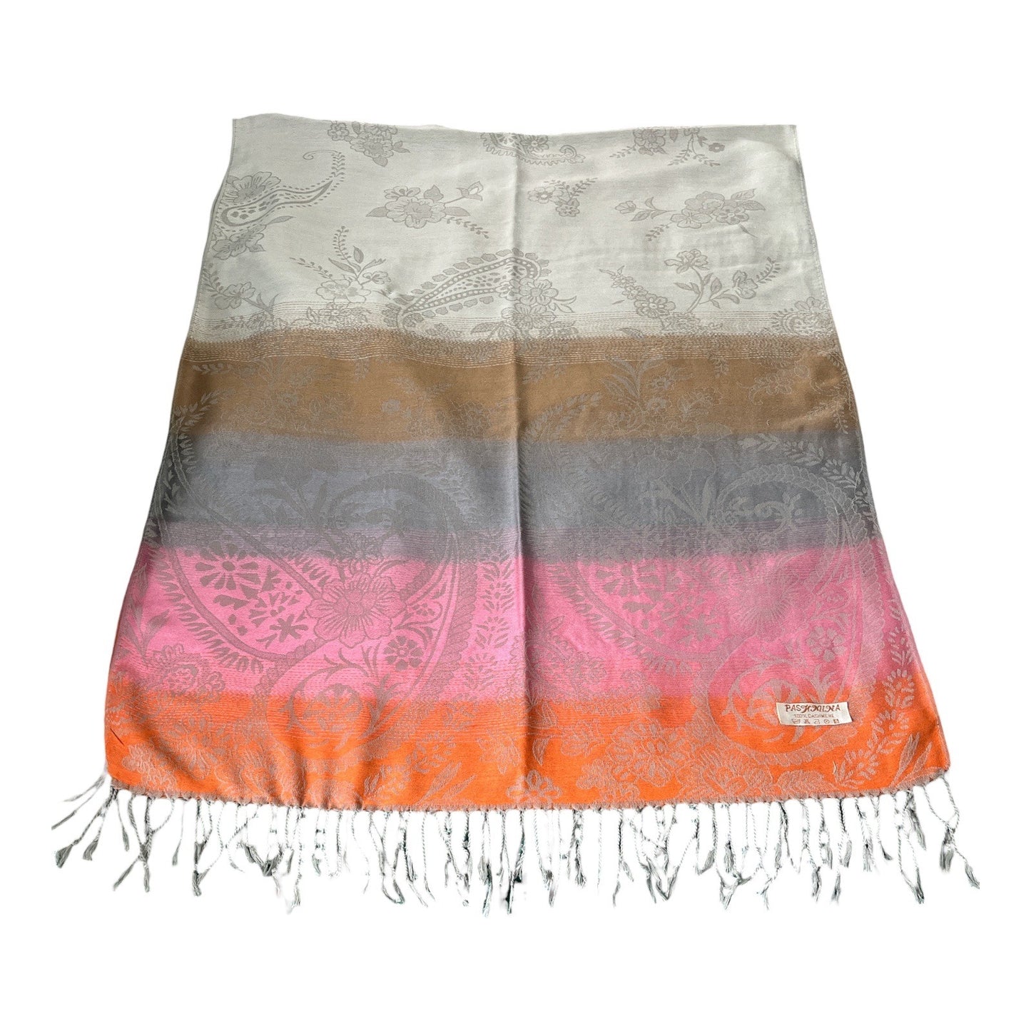 Vintage Pashmina 100 Percent Cashmere Floral Paisley Ombre Scarf with Fringe