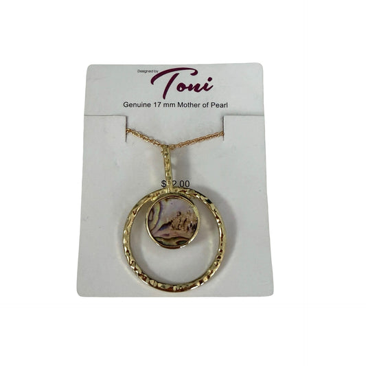 Designed by Toni Genuine Mother of Pearl 17mm Gold Tone Circle Pendant Necklace NOS