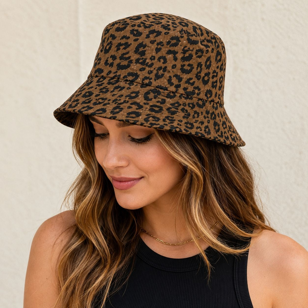 David & Young Leopard Print Bucket Hat Brown Black Cotton One Size 22" Circumference