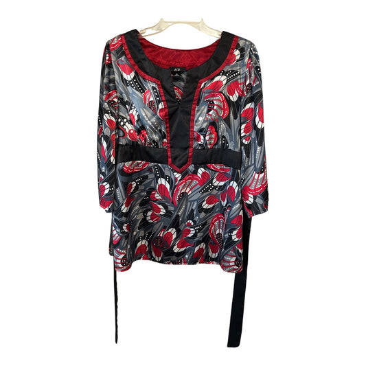 AGB Women’s XL Tunic Blouse | Red Black Gray Abstract Floral Print | Side Zip | 40x28