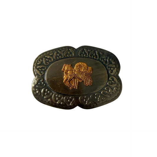 Vintage Horse Drawn Cart Belt Buckle Western Ornate Scrollwork Hong Kong