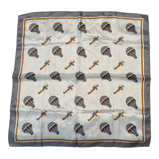 Vintage Italian Acetate Scarf – Hot Air Balloon & Biplane Print – 20x20 – Gray & Gold – Made in Italy