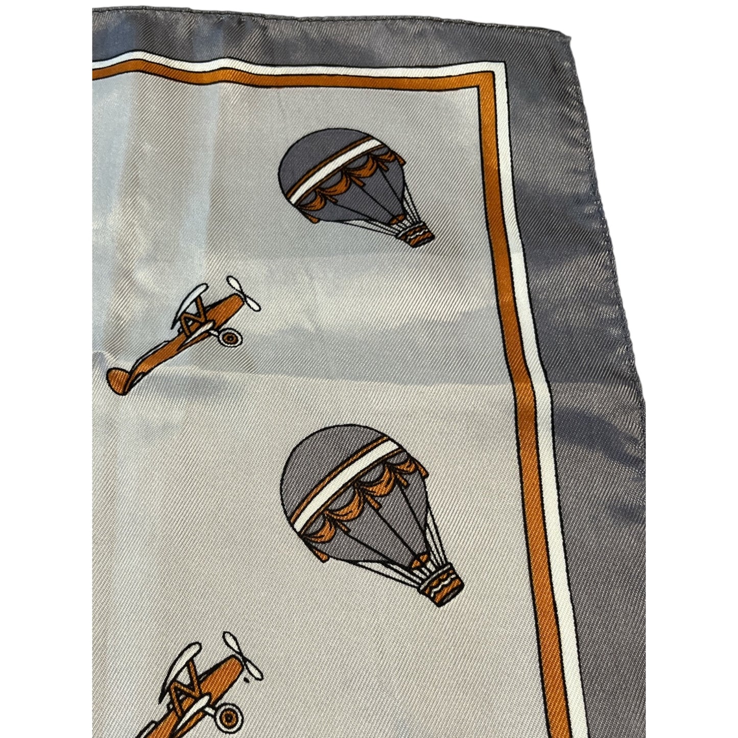 Vintage Italian Acetate Scarf – Hot Air Balloon & Biplane Print – 20x20 – Gray & Gold – Made in Italy