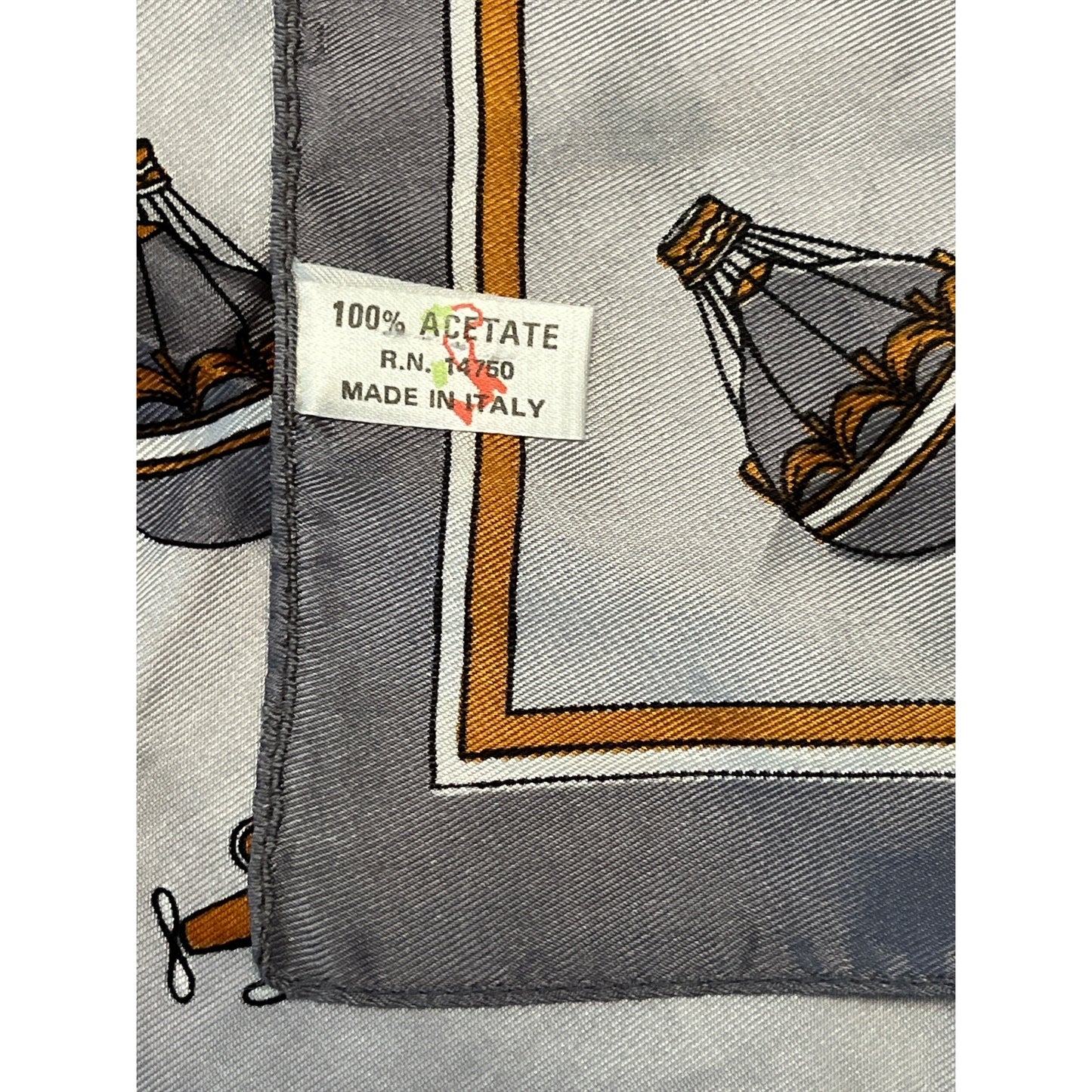 Vintage Italian Acetate Scarf – Hot Air Balloon & Biplane Print – 20x20 – Gray & Gold – Made in Italy