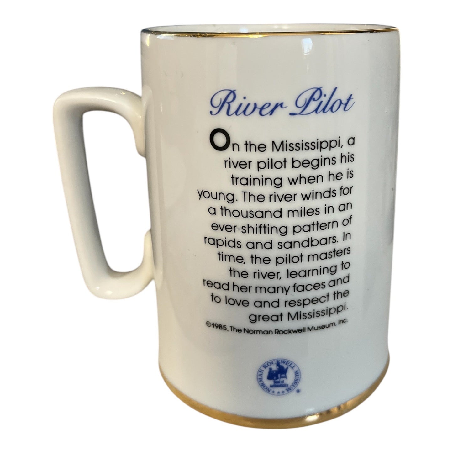 1985 Norman Rockwell Museum “River Pilot” Mug Made in Korea Gold Trim