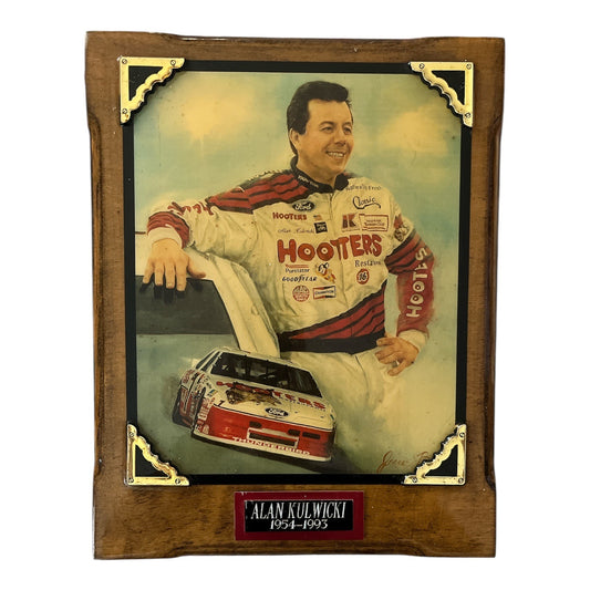 Vintage Alan Kulwicki NASCAR Memorial Plaque – Hooters Racing Portrait – 1990s Wood Wall Art
