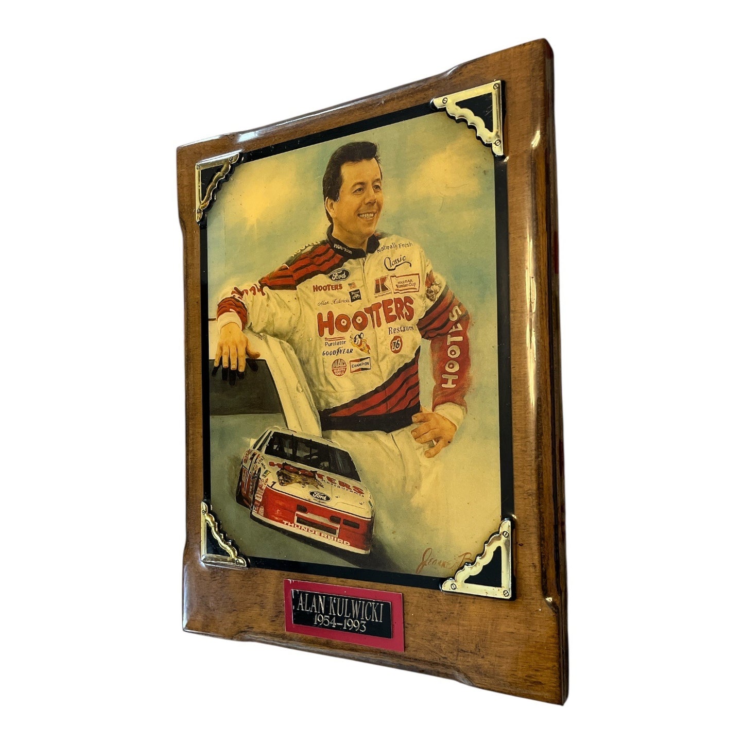 Vintage Alan Kulwicki NASCAR Memorial Plaque – Hooters Racing Portrait – 1990s Wood Wall Art